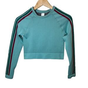 Fabletics Aisley Compression Crop Long Sleeve Shirt Small Striped Blue Green